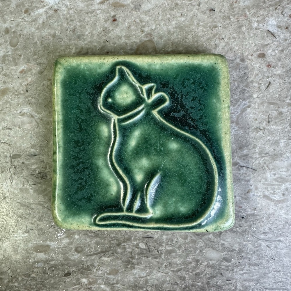 Pewabic Tile Detroit Pottery Green Ceramic embossed Cat 3" Dated 2015